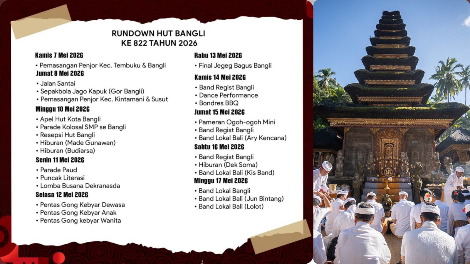 Diawali Persembahyangan Bersama di Pura Kehen, Ini Jadwal Acara Rangkaian Perayaan Hut Kota Bangli Ke-822